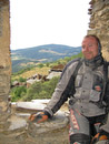 After an, at times, uncertain climb on an old wooden staircase, we reached the top of the bell tower. Martin prefers sitting on one of the sturdy stone walls.